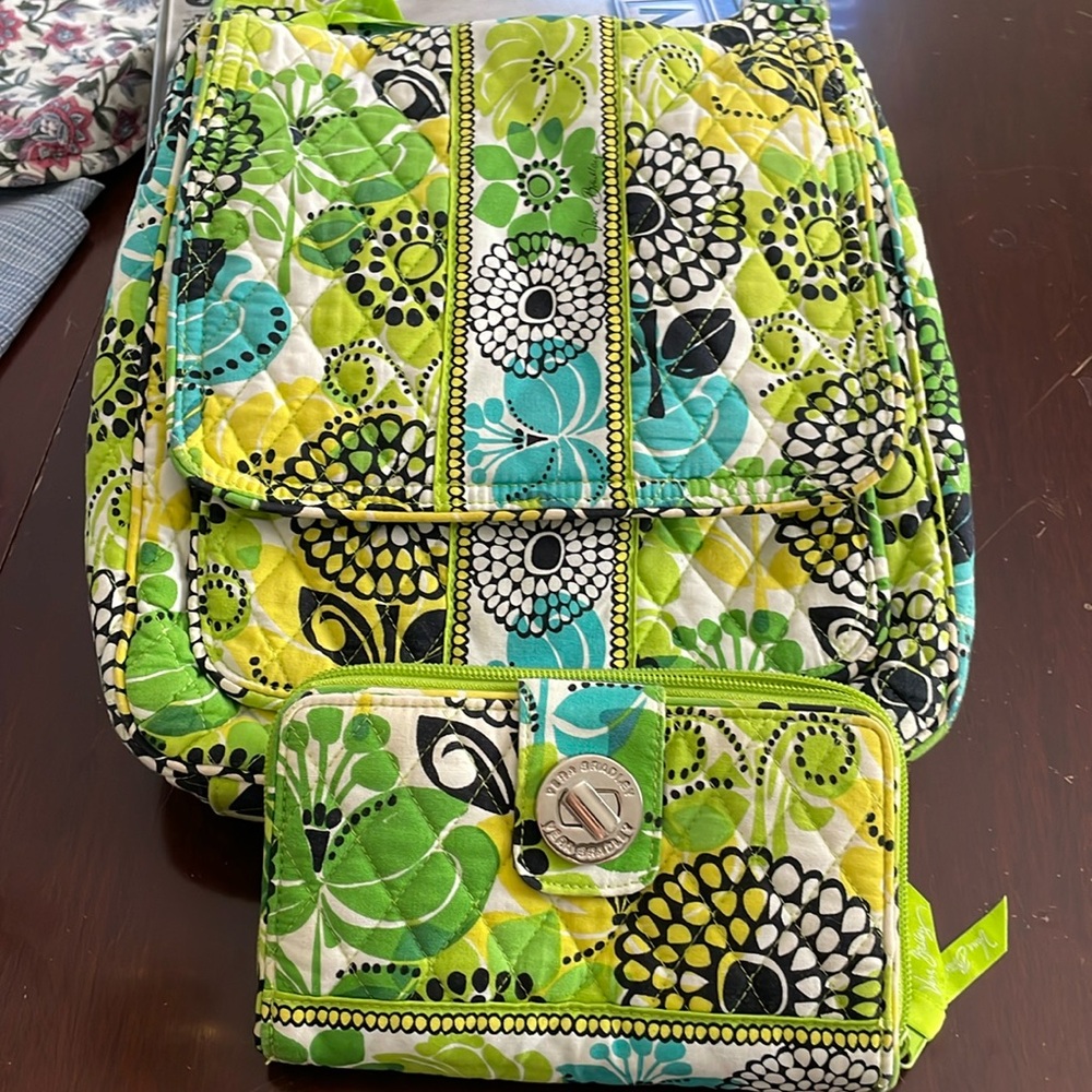 Vera Bradley Limes Up Mailbag Crossbody Purse and full sized Turnlock wallet